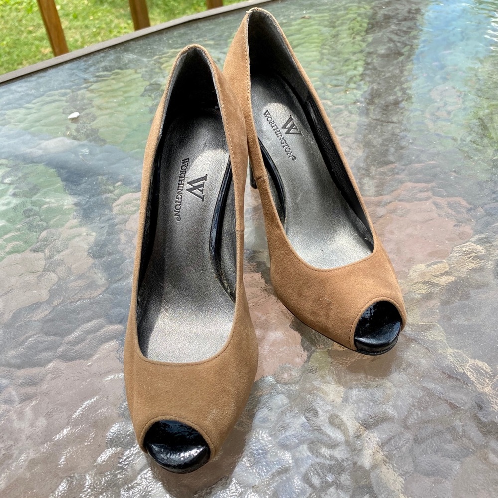 Irina camel suede peep toe pumps heels